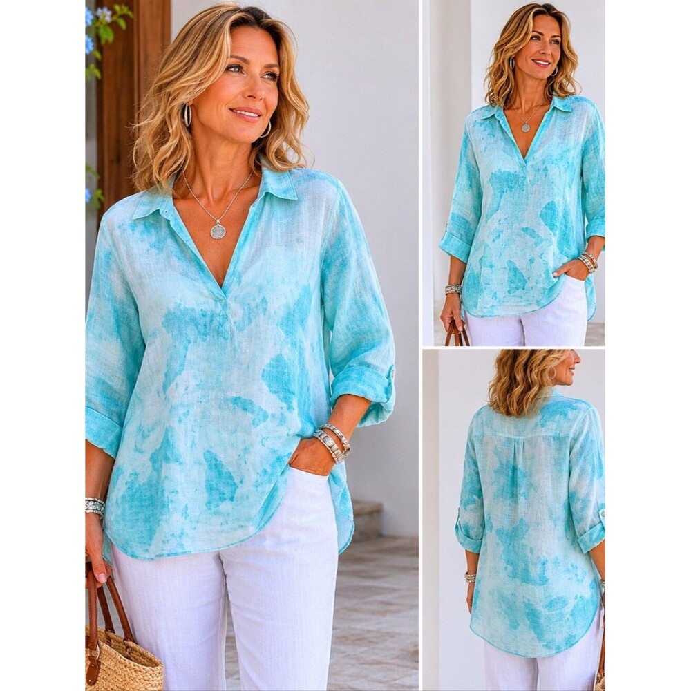 Isaac Mizrahi 100% Linen V-neck Collared Tunic Top, Aqua Tie Dye, M